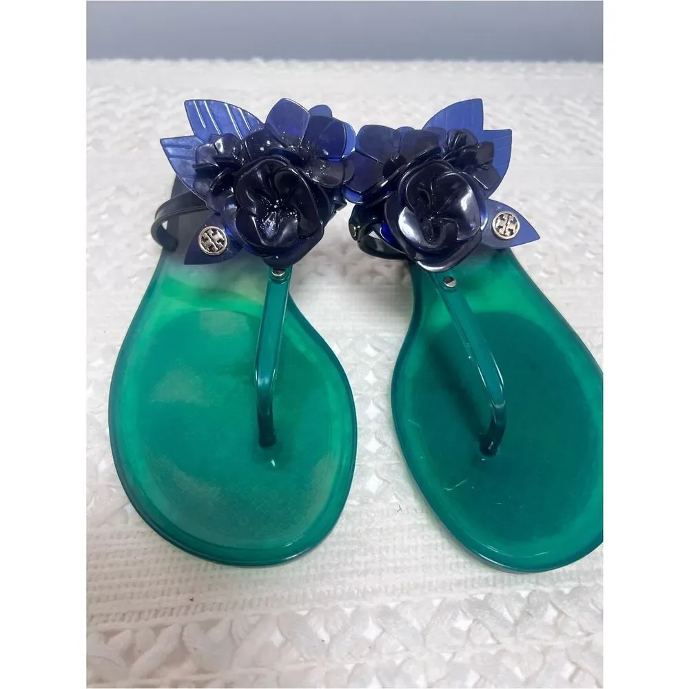 Tory Burch Blossom Jelly Blue Green Flip Flop Resort Coastal Flower Sandals 7